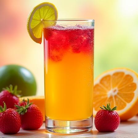 A glass of vibrant, freshly squeezed mixed fruit juice.